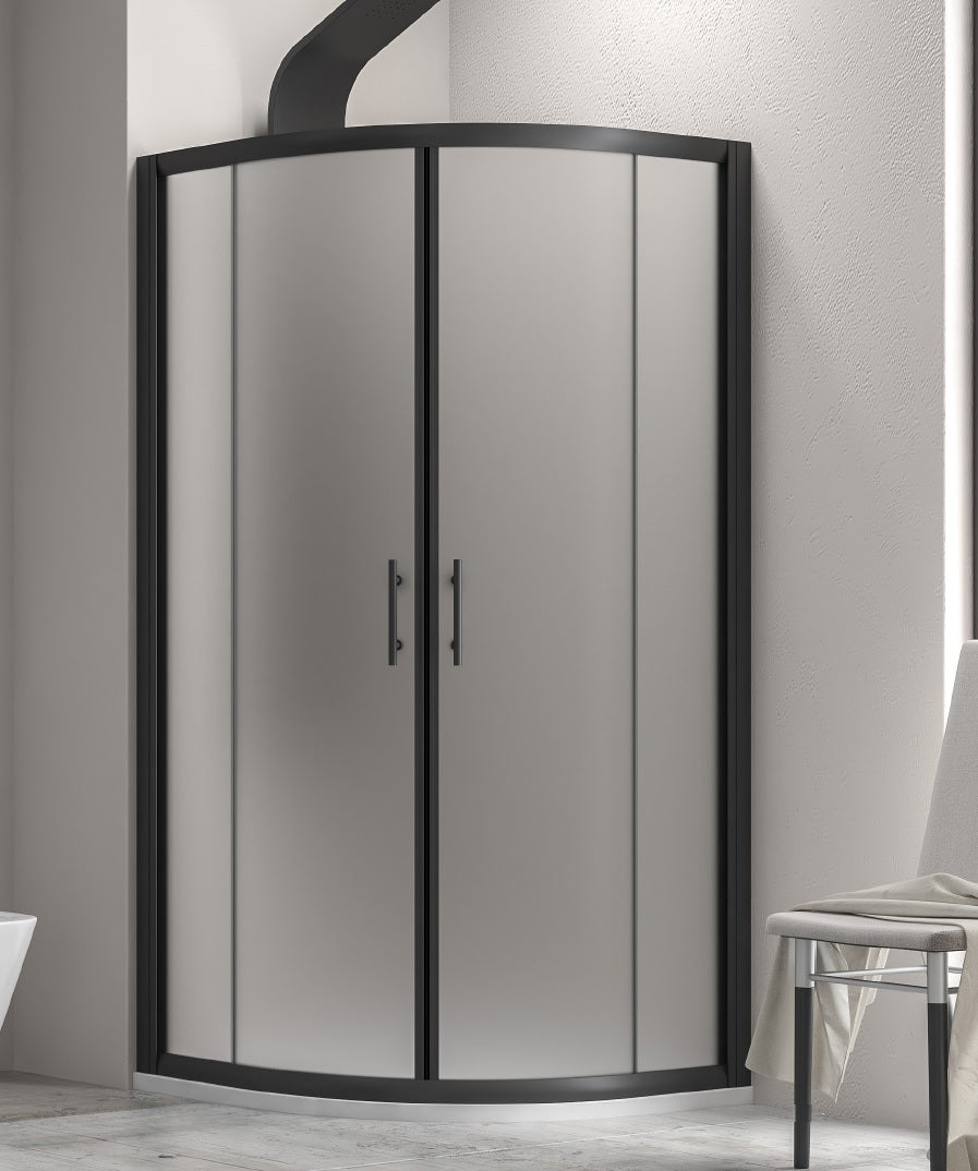 Flora 200 Nero Satine - 90х90 - матирано стъкло овална душ кабина с черен алуминиев профил, матови 6 мм стъкла, магнитен уплътнител, EasyClean