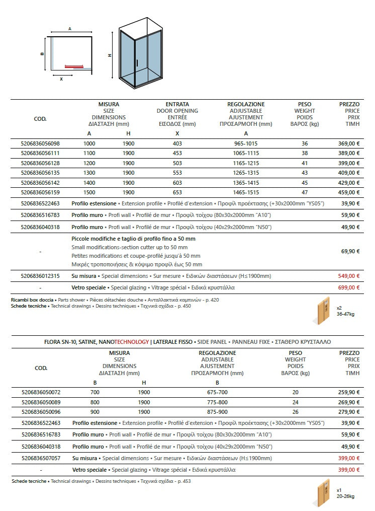 Flora 500 Satine - 80х150 - матирано стъкло асиметрична душ кабина, 6 мм матирано закалено стъкло, анти-калк, магнитен уплътнител