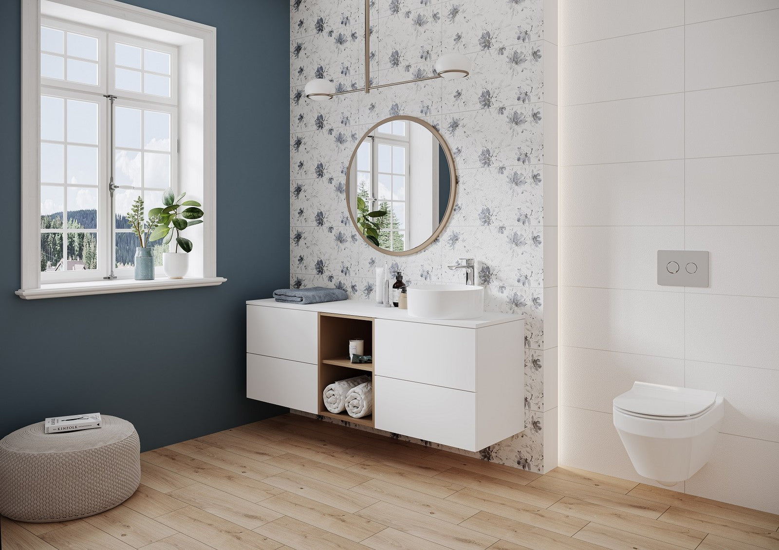 Floral Landscape 29.7x60 Cersanit матирани плочки за баня от KERANOVA в светла баня с фонов флорален десен