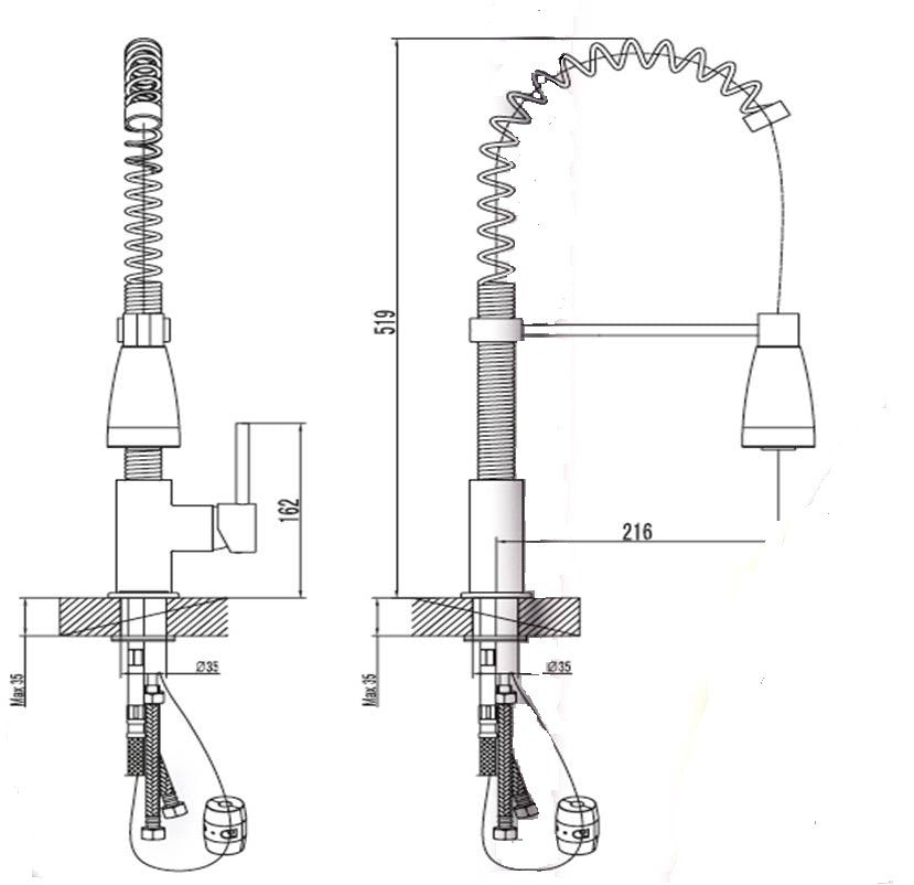 Кухненски смесител FM56 с подвижен накрайник и технически размери, онлайн магазин за обзавеждане за бани KERANOVA