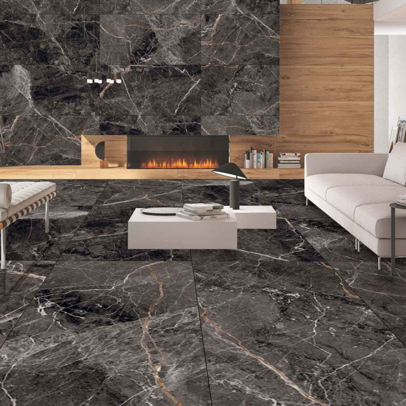 Fossil Black Polished 60x120 - Lavarock луксозен черен гранитогрес в дневна, онлайн магазин за обзавеждане за бани KERANOVA