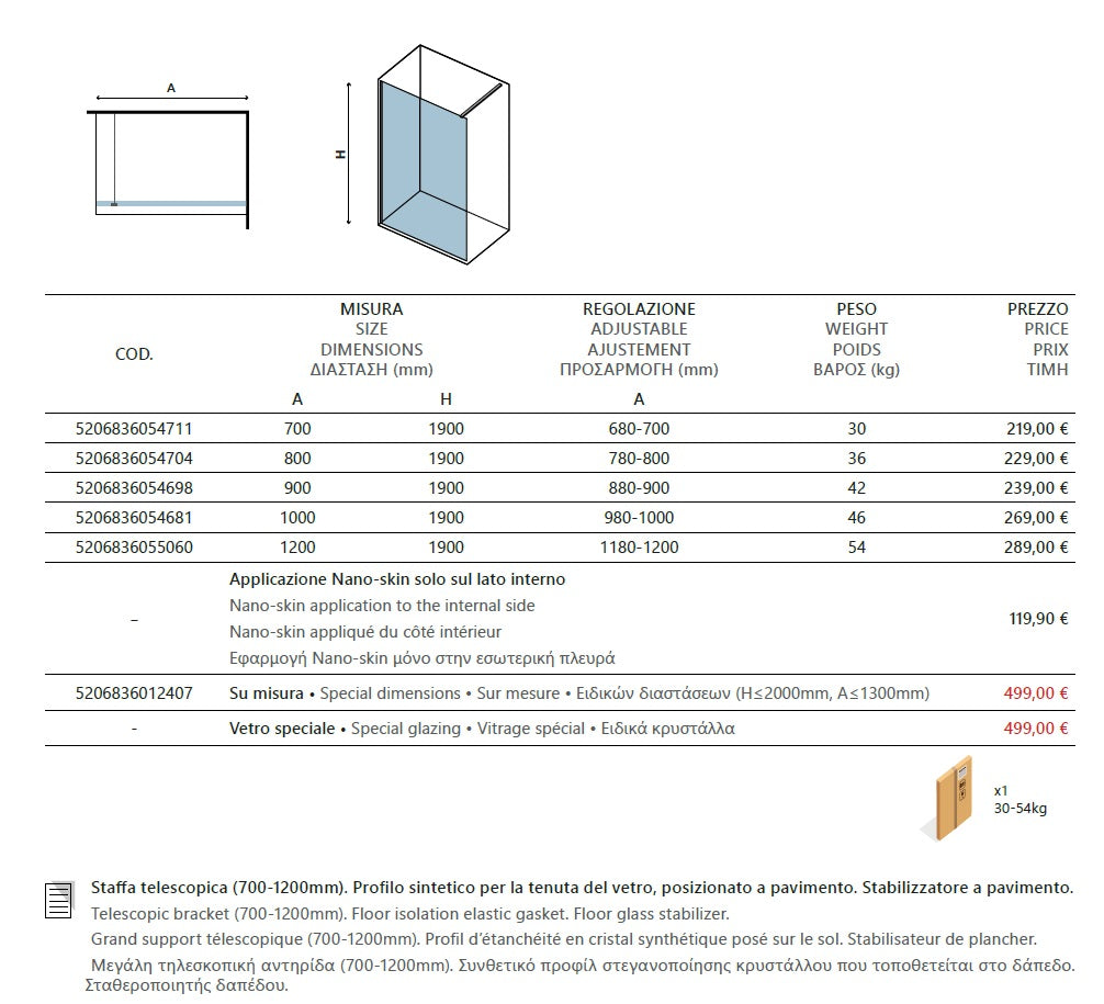 Free1 120х190 см. статичен параван за баня хромиран профил 6 мм стъкло регулируем 118-120 см KERANOVA онлайн магазин