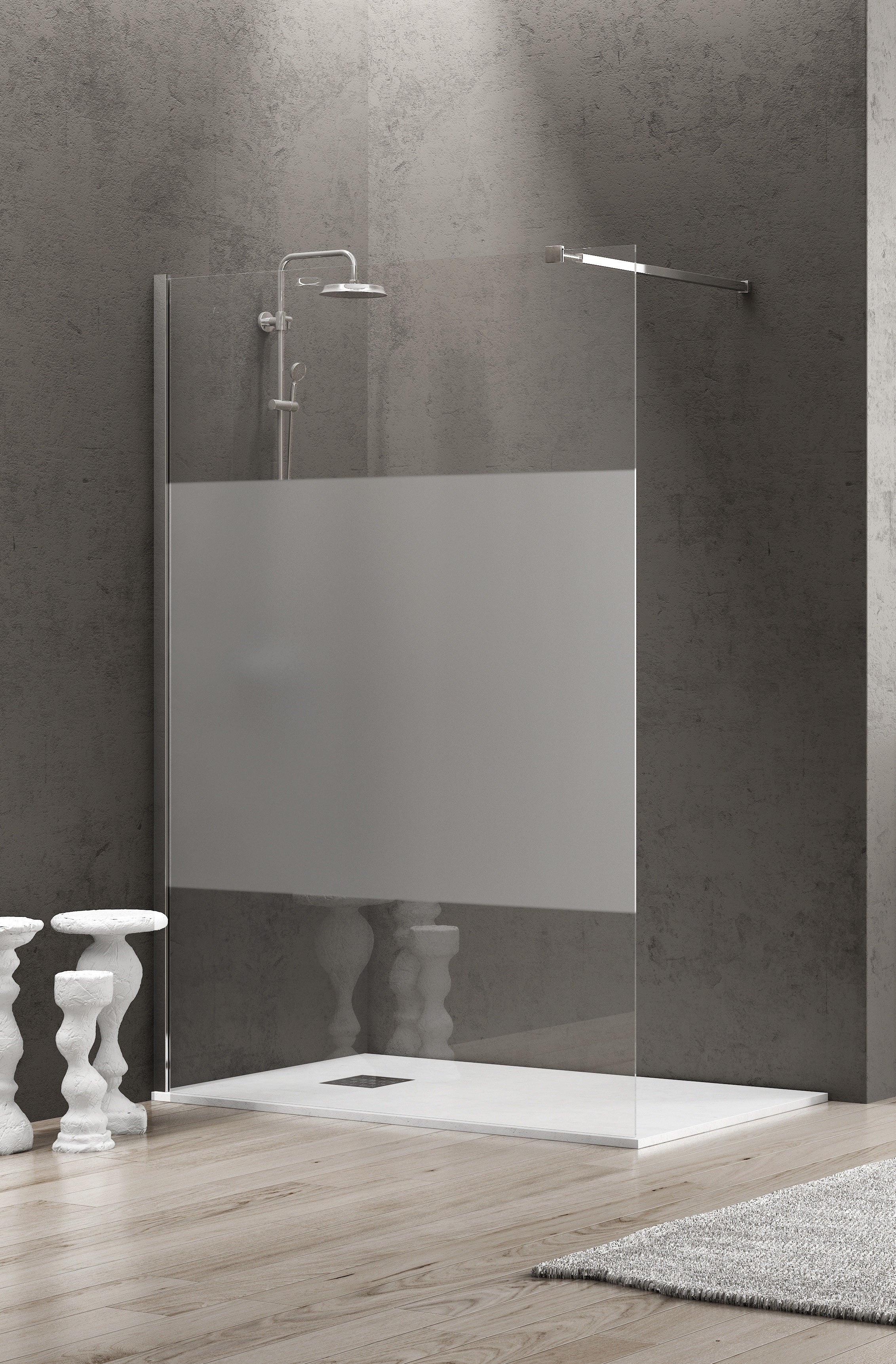 Free1 80х185 см. - частичен мат статичен параван за баня с хромиран алуминиев профил и 6 мм частично матово стъкло - KERANOVA