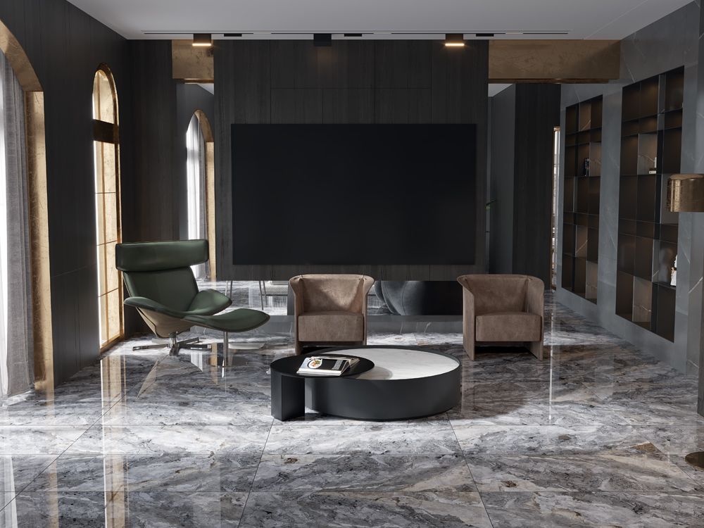 Freya 60x120 - Qua полиран гранитогрес с мраморен декор в модерен хол, онлайн магазин за обзавеждане за бани KERANOVA