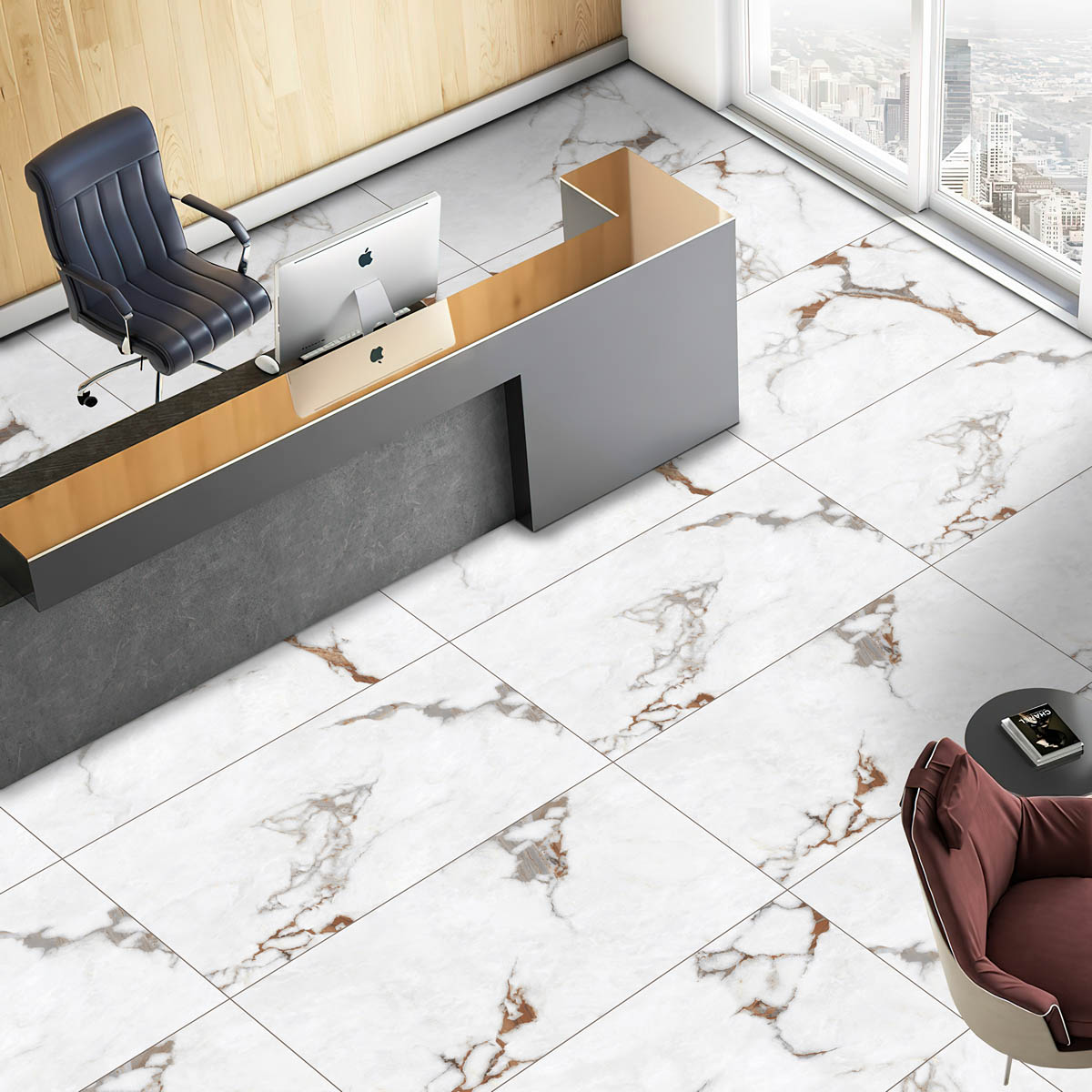 Frozen White 60x120 - Lavarock гранитогрес в модерен офис с мраморен ефект, полиран и матиран, онлайн магазин за обзавеждане за бани KERANOVA