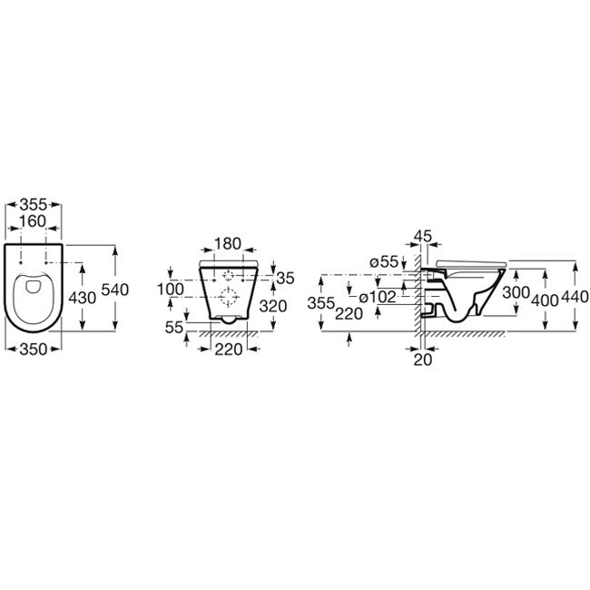 Комплект Duplo + GAP Round Rimless - Roca технически скица на вграден ТОАЛЕТЕН чиния с размери за онлайн магазин KERANOVA