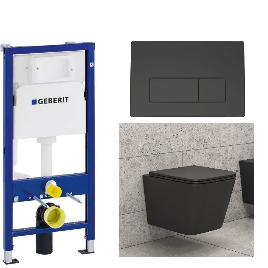 GEBERIT Delta50 Black с тоалетна Karag LT 057E Tornado Black Matt - вградено тяло Duofix, черен мат бутон и висяща тоалетна за онлайн магазин KERANOVA