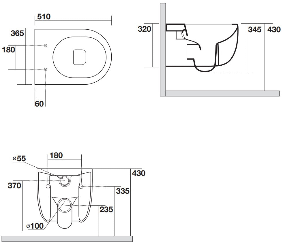 Rimless конзолна тоалетна Glomp Matt Black - AXA Italy, технически размери и монтажни схеми за онлайн магазин KERANOVA