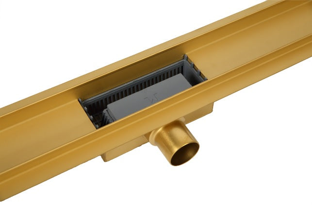Alt Tag: Duplex Next Gold за плочка или плътна решетка 60, 70 и 80 см. златен линеен сифон с PVD покритие за баня, универсална решетка, KERANOVA