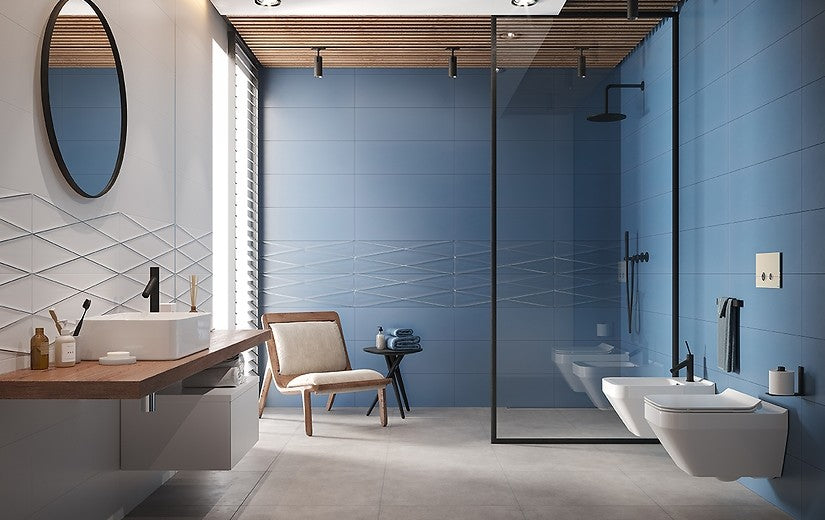 Баня Gravity 24x74 Cersanit - модерни стенни плочки в синьо, интериор баня от онлайн магазин KERANOVA