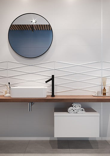 Баня Gravity 24x74 Cersanit - модерен баня интериор с бели релефни плочки и мивка, онлайн магазин за обзавеждане за бани KERANOVA