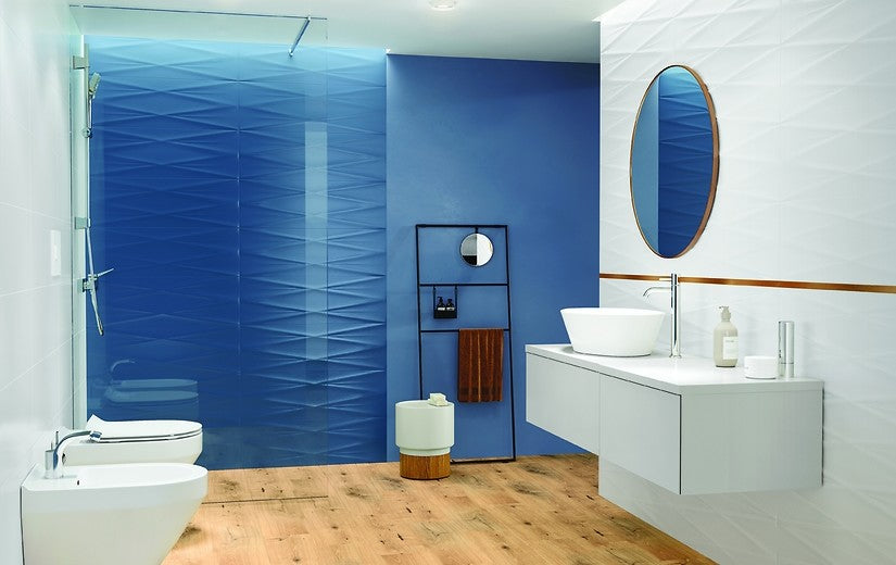 Баня Gravity 24x74 Cersanit – модерен синя баня с графични плочки 24x74 в онлайн магазин за обзавеждане за бани KERANOVA