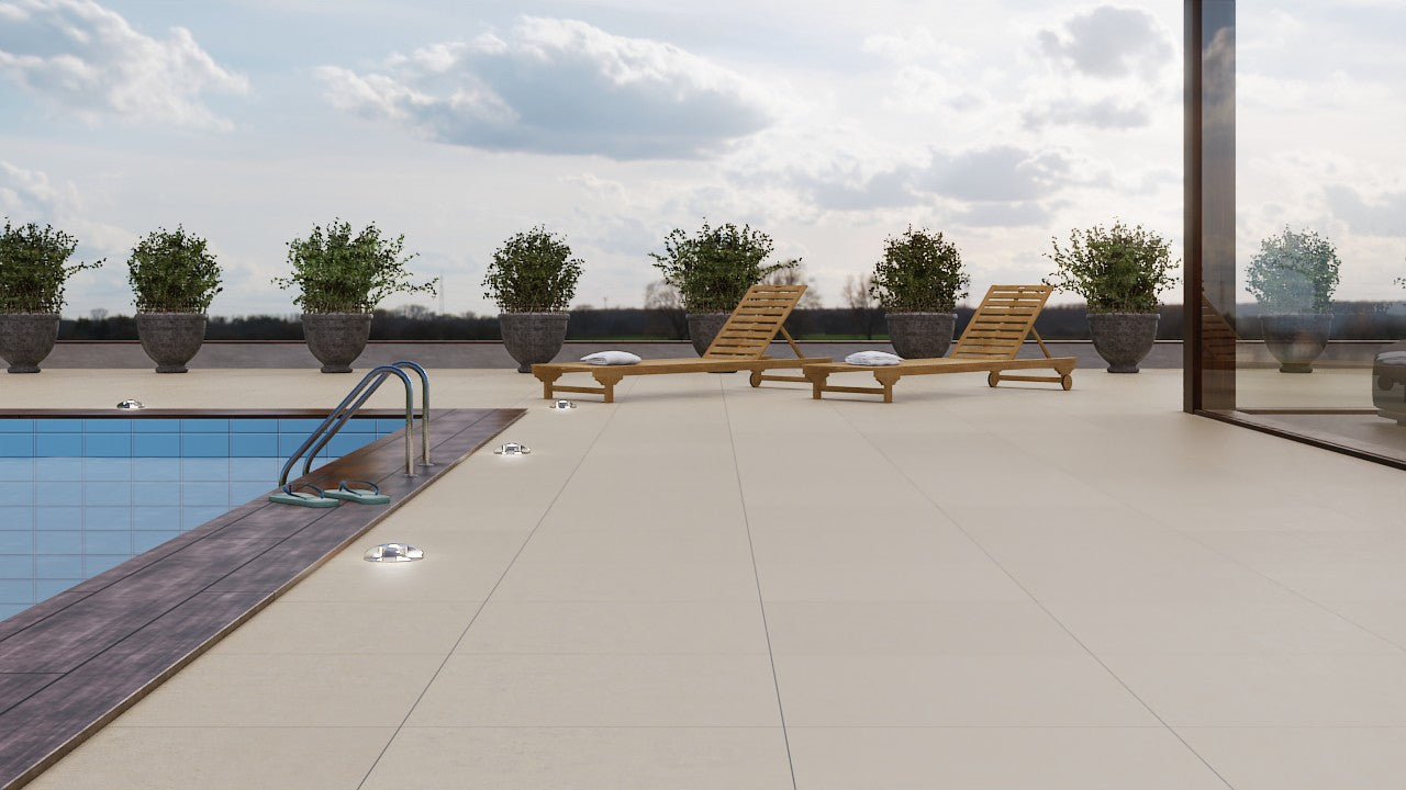 Серия Grey Wind 2.0 с дебелина 2 см - Stargres матиран гранитогрес 60x60x2 см, външна тераса с басейн и шезлонги, онлайн магазин KERANOVA
