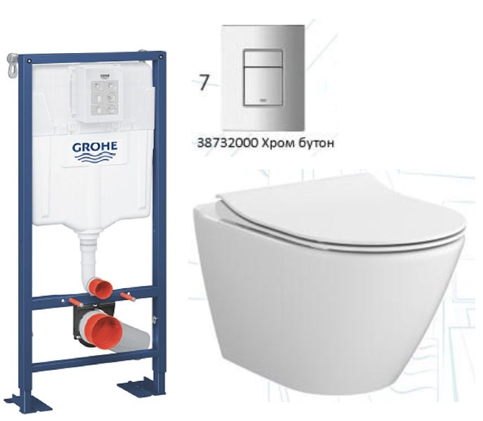 Kомплект Cersanit Eco Oval Rimless и Grohe Skate Cosmopolitan – вградена структура Grohe 38528001 с Rimless тоалетна Cersanit Eco Oval и бутон 38732000