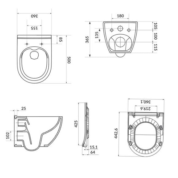 Kомплект Cersanit Eco Oval Rimless и Grohe Skate Cosmopolitan - технически чертеж и размери на окачена тоалетна Cersanit Eco Oval Rimless