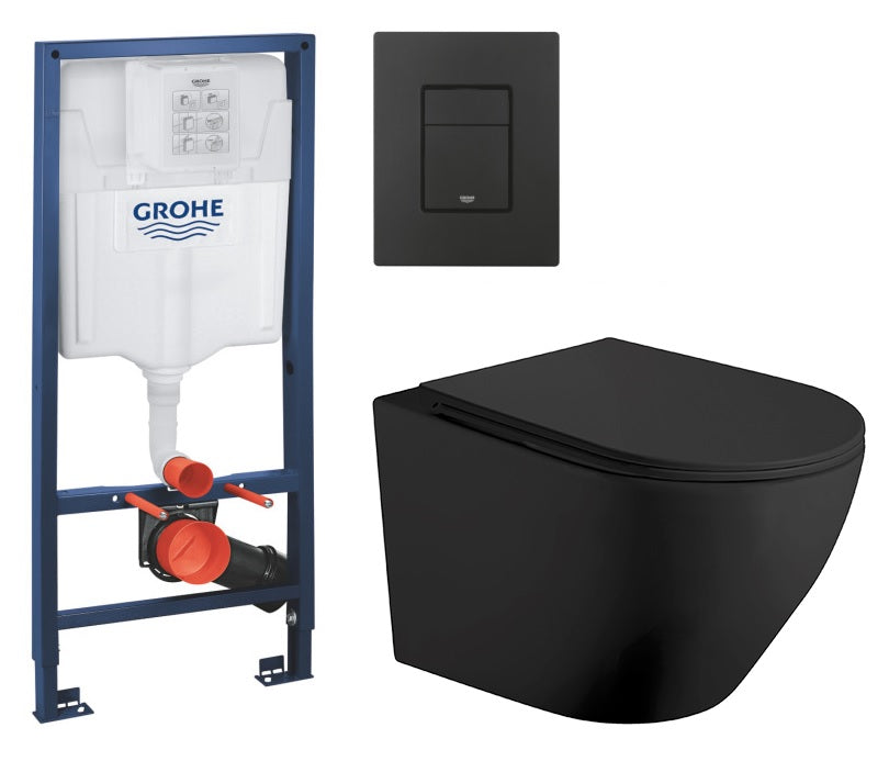 Kомплект Magenta Black Matt Rimless и GROHE Skate Cosmopolitan Black - конзолна черна мат тоалетна, структура за вграждане и черен активатор за баня KERANOVA