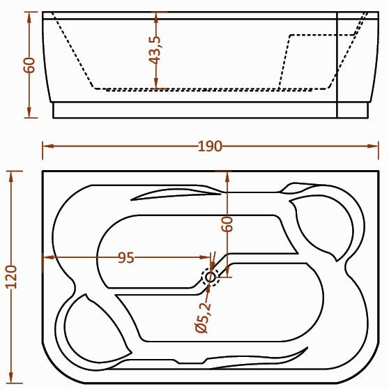 Акрилна вана Havana 190x120 см. - технически чертеж с размери 190x120 см за онлайн магазин за обзавеждане за бани KERANOVA