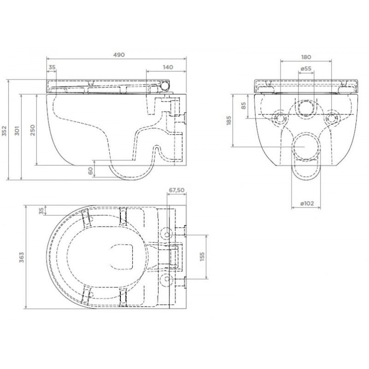 Промо пакет Bocchi Tondo Black с биде, смесител и Grohe с черен бутон - технически чертеж на конзолна тоалетна Tondo Black