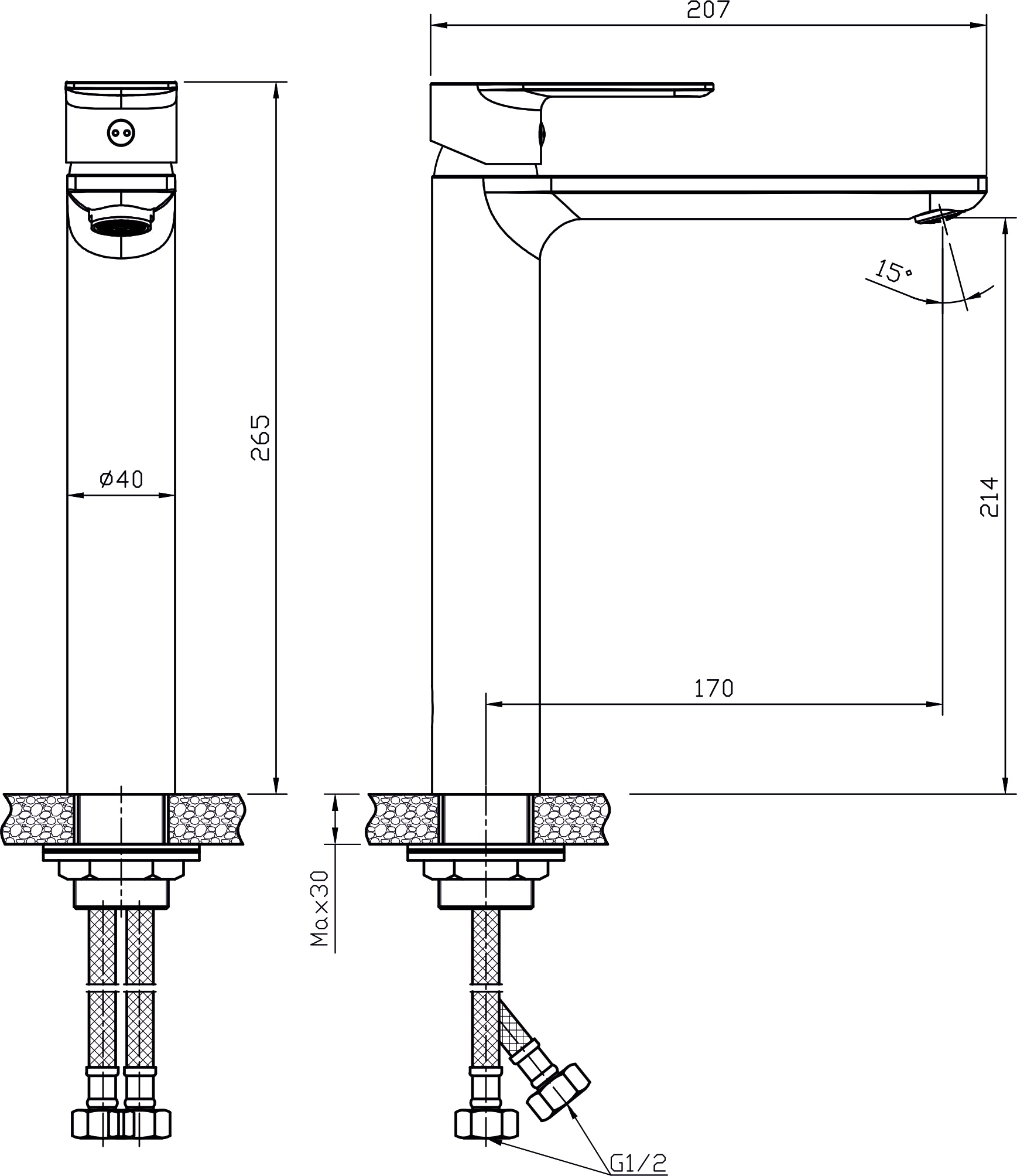 Висок смесител за мивка Елмира - технически чертеж с размери, височина 265 мм, дължина 207 мм, онлайн магазин KERANOVA