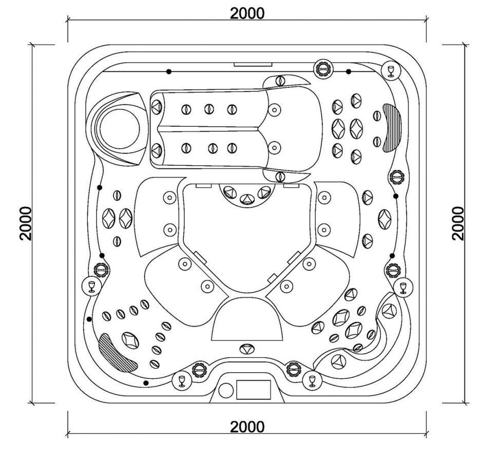 Design HC 1 200x200 см. - план схема на луксозно градинско джакузи със седалки и джетове, онлайн магазин KERANOVA