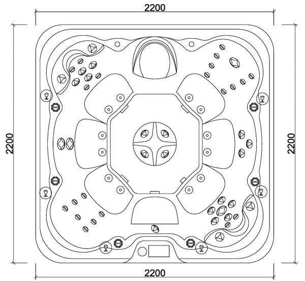 Design HC 6 220x220 см. схема джакузи отгоре, размери 220x220 см, онлайн магазин обзавеждане за бани KERANOVA