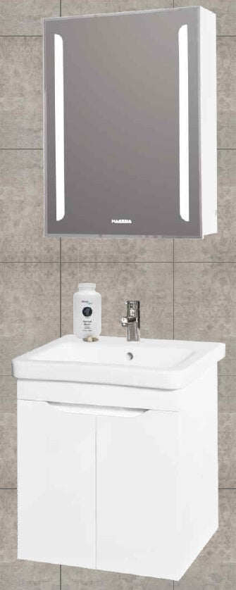 Мебел Хелиос 55 см. - бял шкаф за баня с порцеланова мивка и огледален шкаф с LED осветление за онлайн магазин KERANOVA