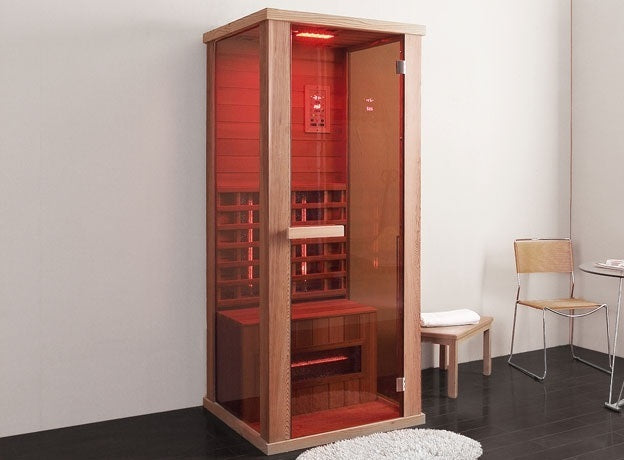 Сауна Helios 82,8х100,7х194 см. инфрачервена едноместна сауна от канадски хемлок с червено хромотерапевтично осветление - KERANOVA