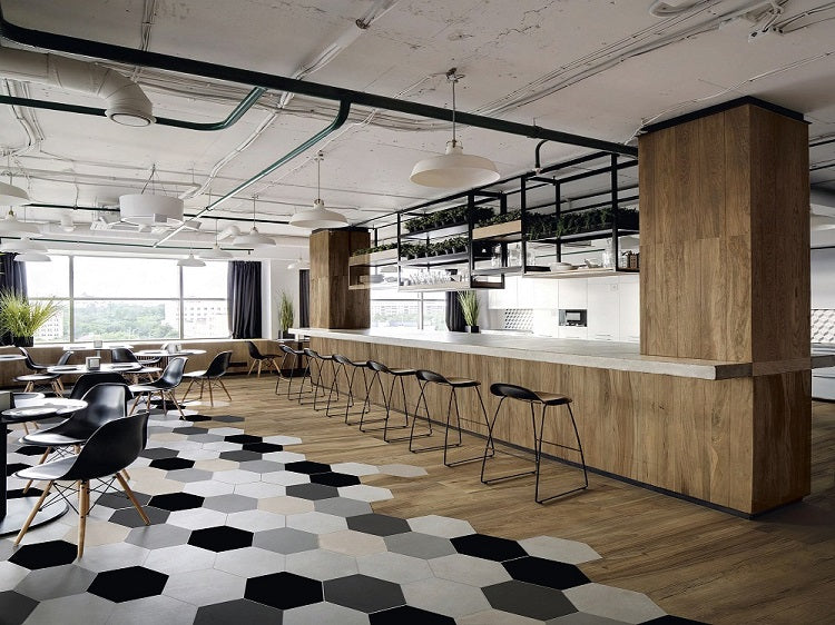 Колекция Hexa - ITT Ceramic шестоъгълен гранитогрес в модерен кафетерий, онлайн магазин за обзавеждане за бани KERANOVA