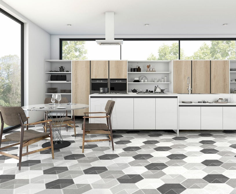 Колекция Hexa Atila - ITT CERAMIC шестоъгълен гранитогрес за под в светла модерна кухня, онлайн магазин за обзавеждане за бани KERANOVA