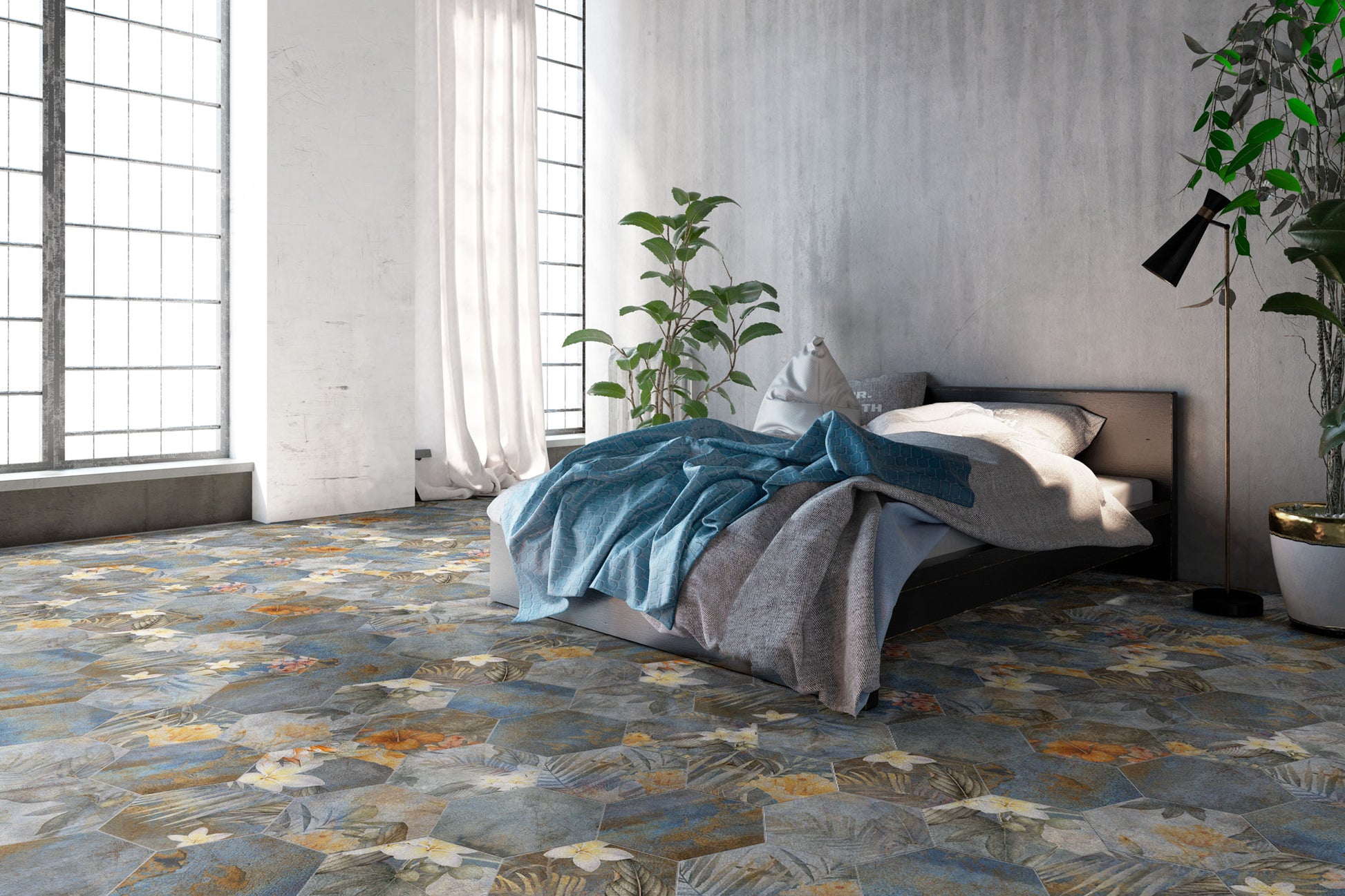 Колекция Hexa Hibiscus - ITT CERAMIC шестоъгълен гранитогрес 23x27 см в модерна спалня – онлайн магазин за обзавеждане за бани KERANOVA