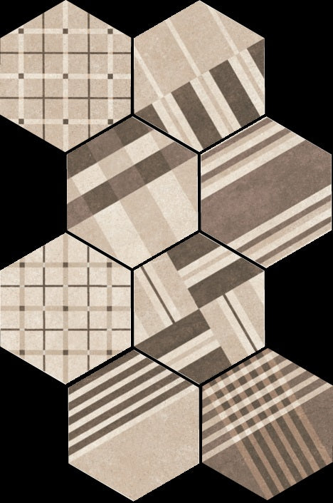 Hexatile Cement Geo Sand 17.5x20 снимка на кафяви шестоъгълни плочки с геометрични и ивици — онлайн магазин за обзавеждане за бани KERANOVA