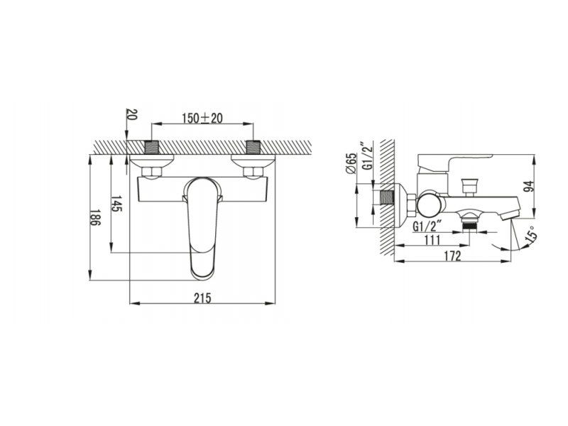 Смесител за вана/душ Esser - стенен чертеж с размери, чучур, слушалка, шлаух и държач за KERANOVA онлайн магазин