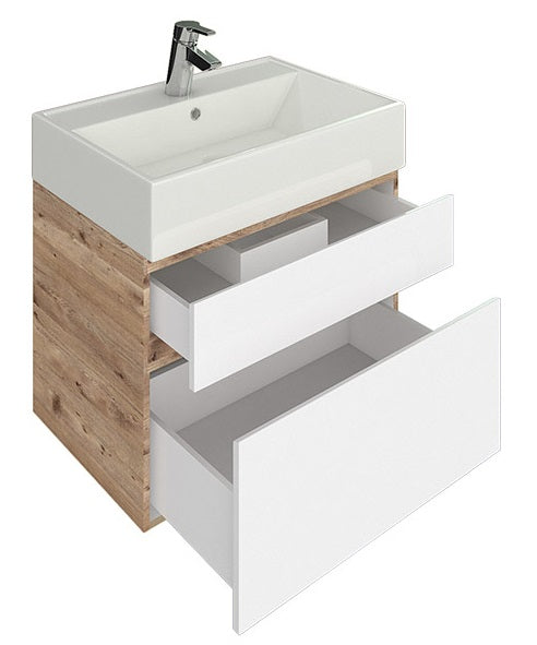 Шкаф с мивка Хюстън 60 см. конзолен PVC шкаф с мивка Esvit 60 за баня, HPL покритие, бял преден панел и дървесен ефект, онлайн магазин KERANOVA