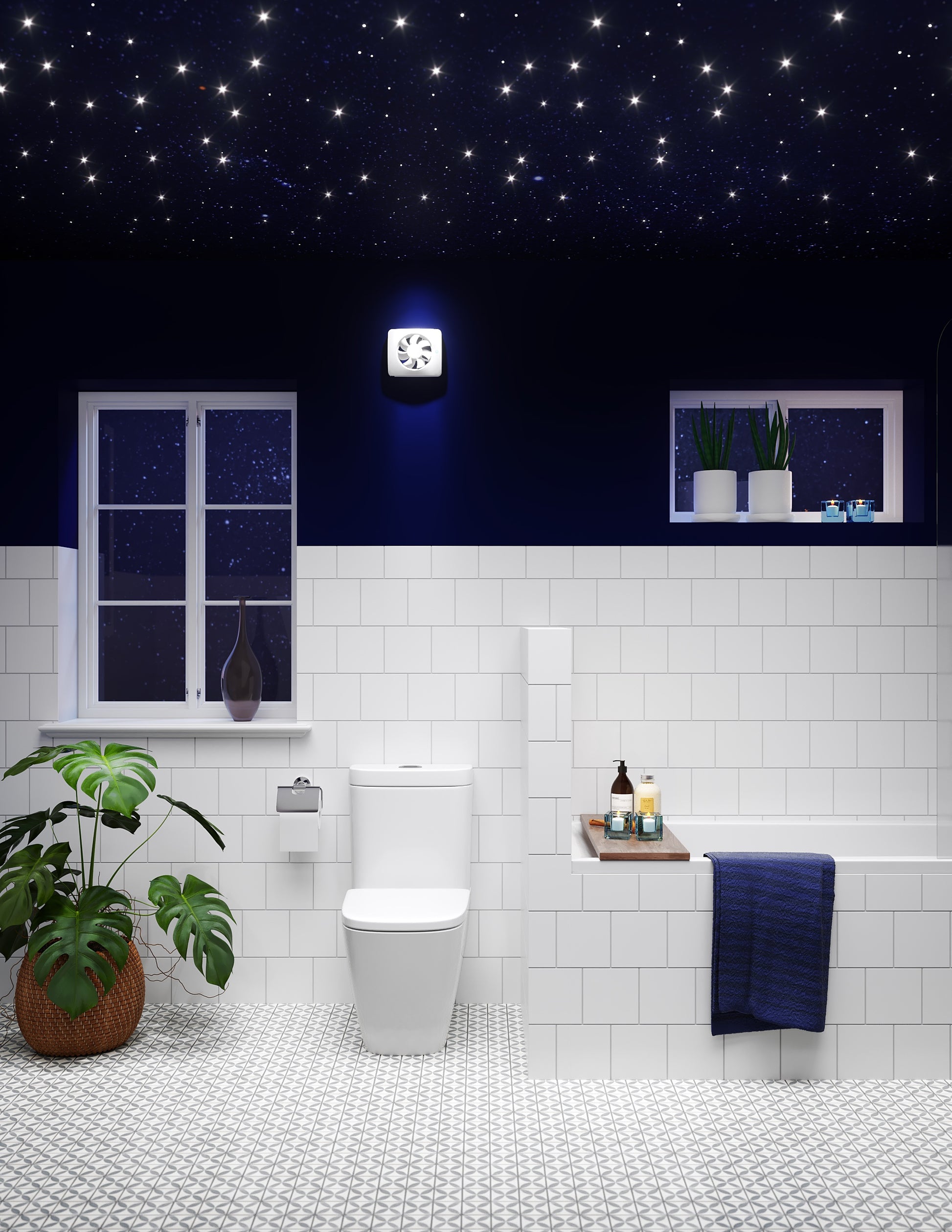 Вентилатор за баня Fresh ICE в модерна тъмносиня баня, тих, сензори за светлина, миризми и влага, лесен за почистване — KERANOVA