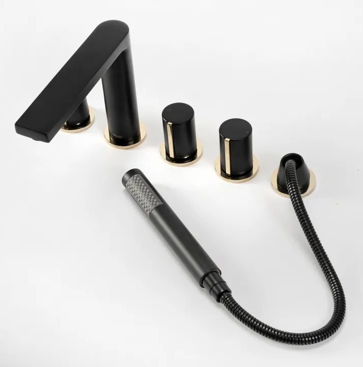 Смесител за вана Icon Black Gold 5-дупков бордови комплект в черно и злато за баня, онлайн магазин KERANOVA