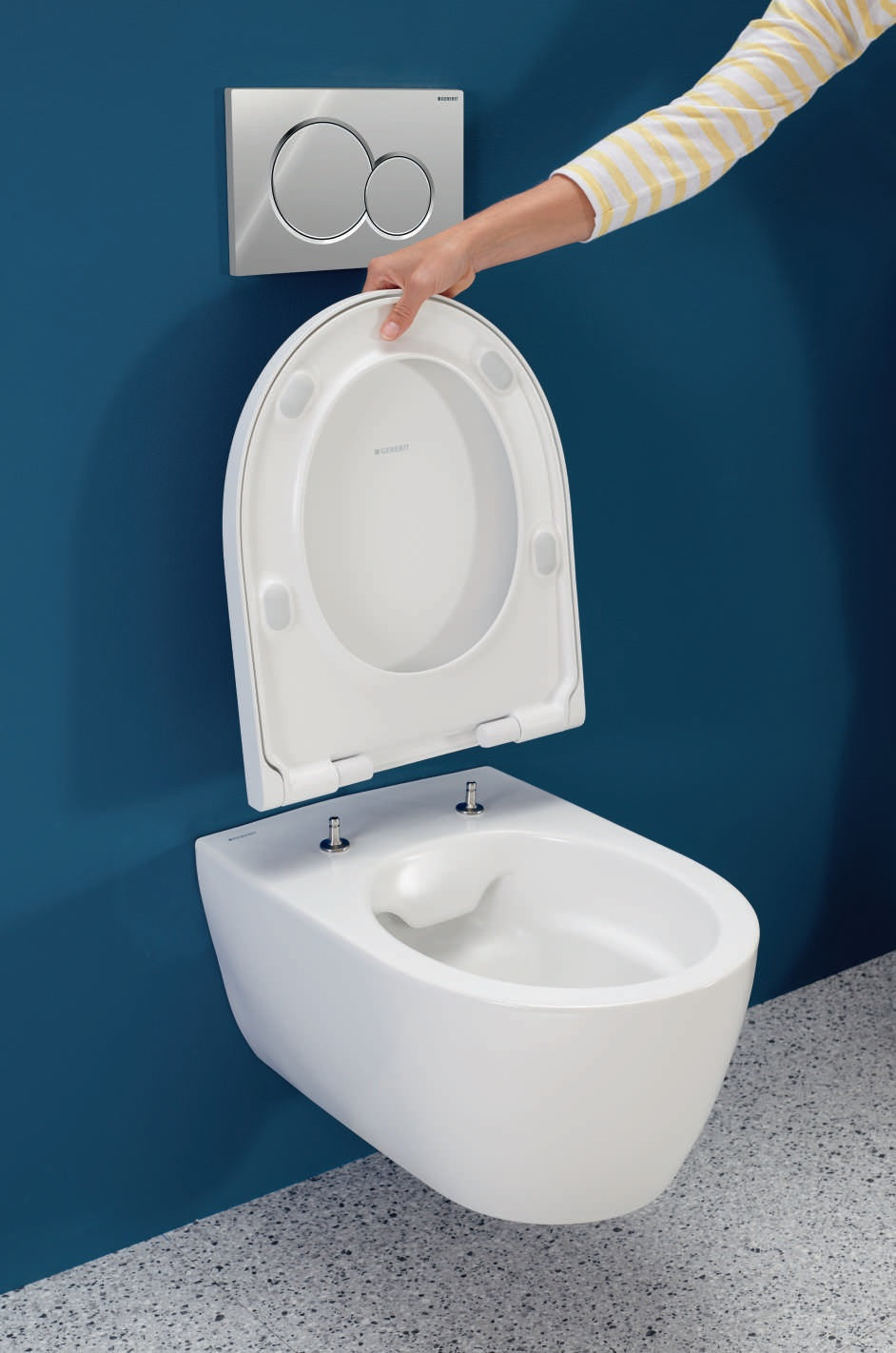 GEBERIT Sigma01 Chrome с тоалетна Geberit Icon Rimfree - окачена тоалетна Icon Rimfree с Duofix Sigma структура и бутон Sigma01, KERANOVA онлайн магазин