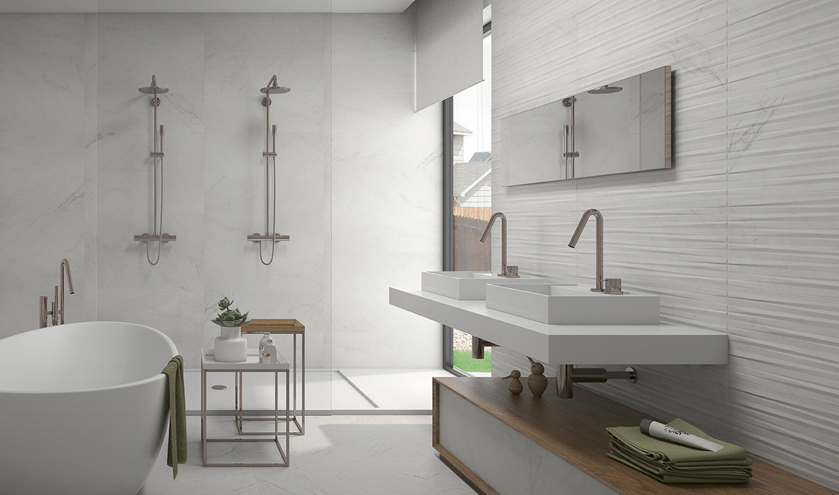 Баня Evoque 30x90 - Keraben: съвременни бели 30x90 плочки за баня в онлайн магазин KERANOVA, елегантен и изискан дизайн