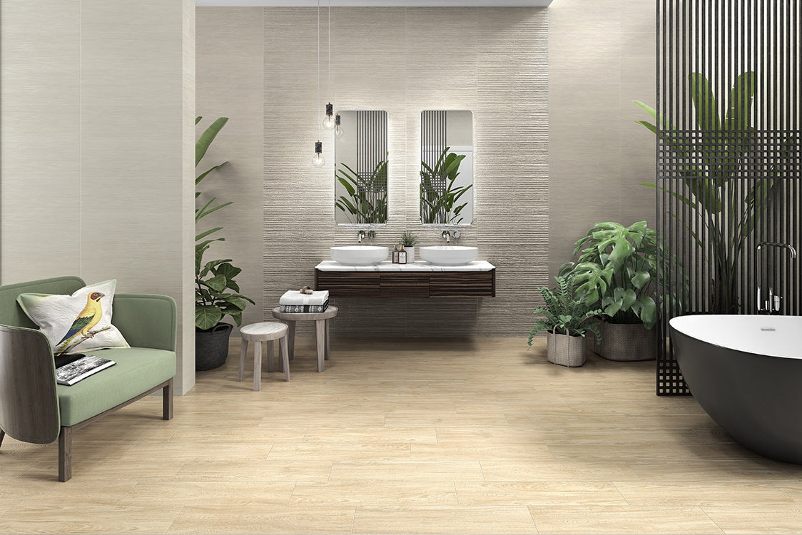 Баня Arame 25x70 - Keraben в модерна баня с матови испански плочки, онлайн магазин KERANOVA