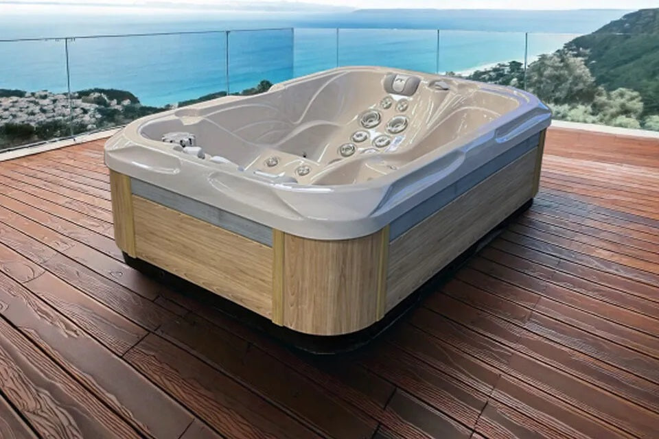 Indulgence 214x143 см. двуместна хидромасажна вана с дървен облицовка и регулируеми дюзи, онлайн магазин за обзавеждане за бани KERANOVA