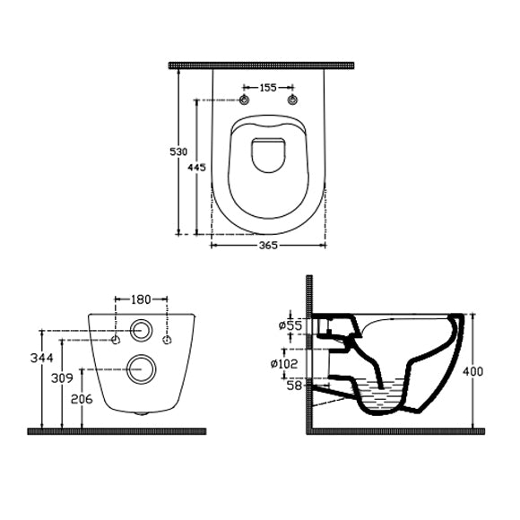 Kомплект Infinity с биде, вграден смесител и GROHE Skate Air - технически чертеж с размери за окачена тоалетна и бидет, KERANOVA онлайн магазин