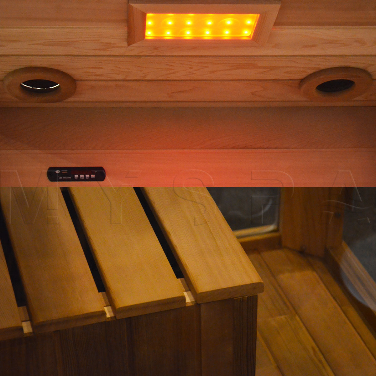 Сауна Helios 82,8х100,7х194 см. вътрешен изглед от канадски хемлок с LED хромотерапия, RedLight нагреватели и електронно управление - KERANOVA