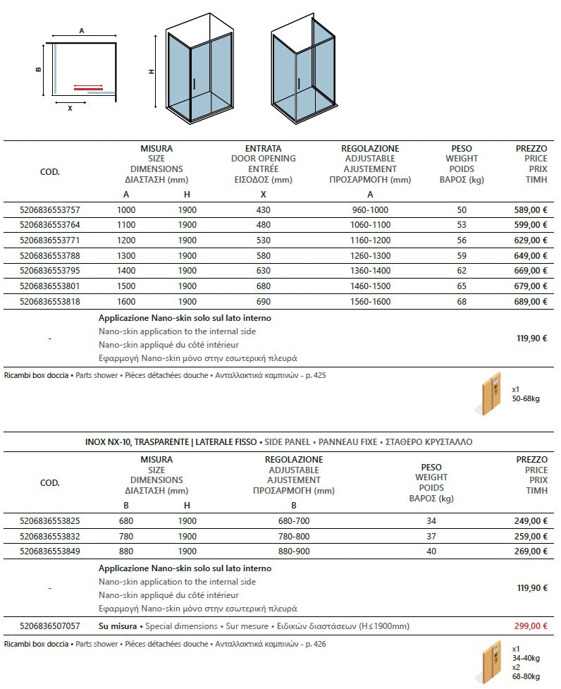 Inox 400 NX10 - 80x160 см. - профил от неръждаема стомана масивна душ кабина 8 мм закалено стъкло, магнитни уплътнения, KERANOVA
