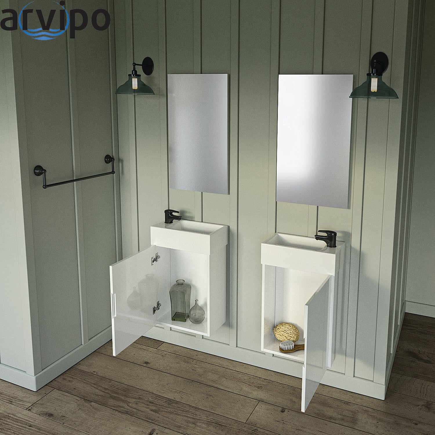 Серия Isik 40x23 см. бял ПВЦ шкаф с мивка Lara 40x23 см и огледало, компактна баня KERANOVA