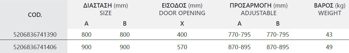 IZY 200 - 80x80 таблица размер 800x800 мм, вход 400 мм, регулируем 770-795 мм, 6 мм стъкло, душ кабини, подови сифони