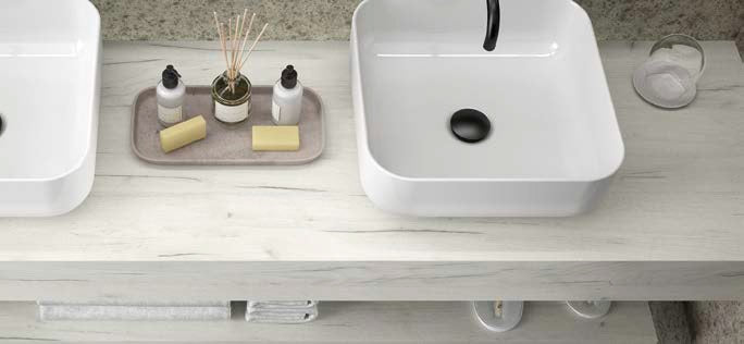 Плот Compakt с мивка върху плот в 5 различни декора - елегантен HPL плот за баня от онлайн магазин за обзавеждане за бани KERANOVA