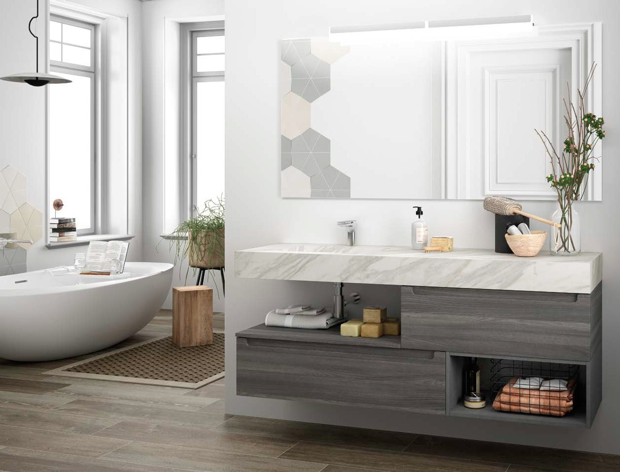 Плот Compakt с излято корито в 5 различни декора – модерен плаващ плот за баня с излято корито и сив дървесен декор, онлайн магазин KERANOVA