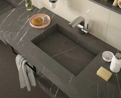 Плот Compakt с излято корито в 5 различни декора - тъмен мраморен HPL плот с интегрирано корито, онлайн магазин за обзавеждане за бани KERANOVA
