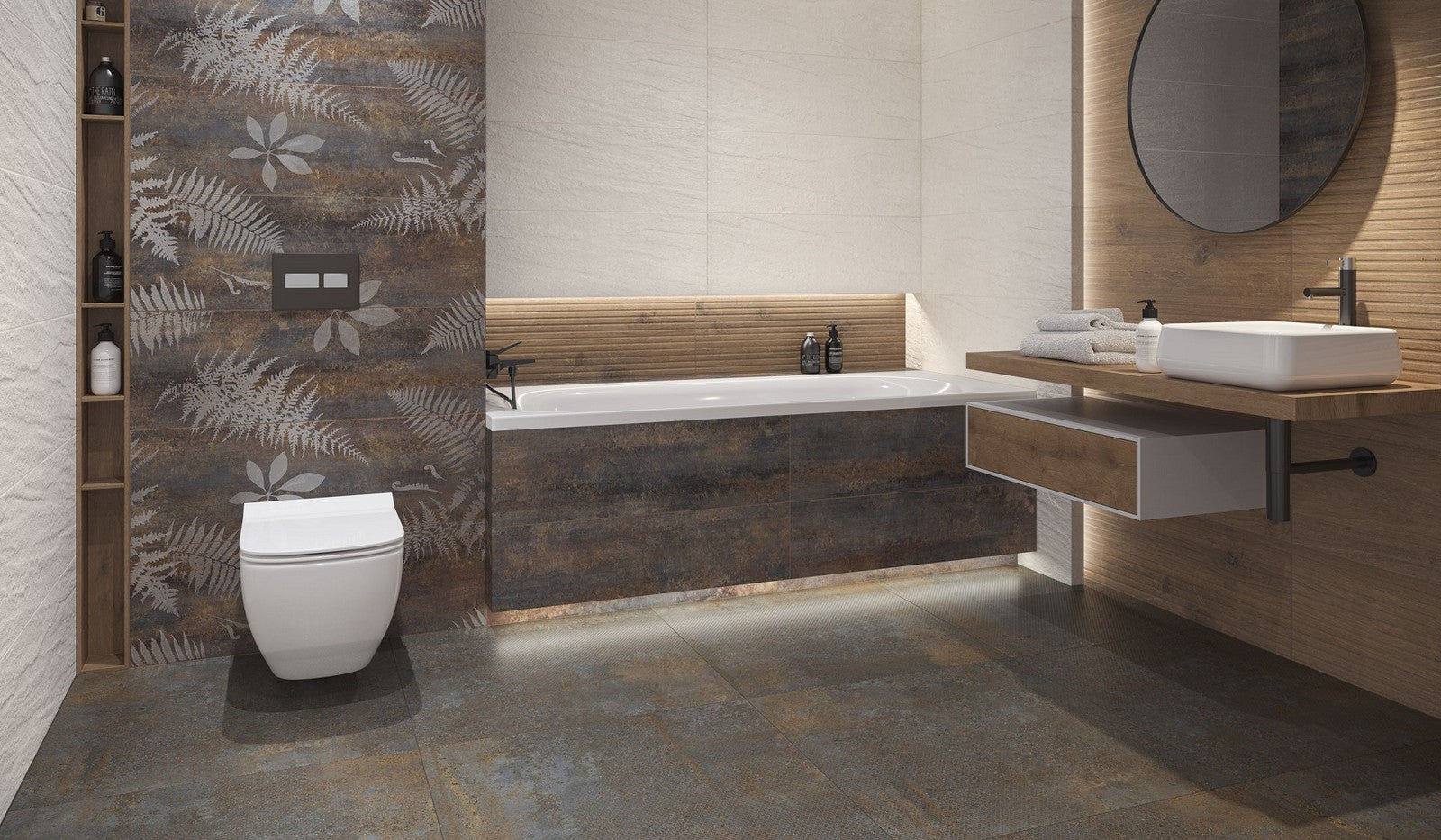 Баня Kalahari 25x75 - Paradyz: съвременна баня с декоративни плочки 25x75, естествени пустинни тонове и модерен дизайн за онлайн магазин KERANOVA
