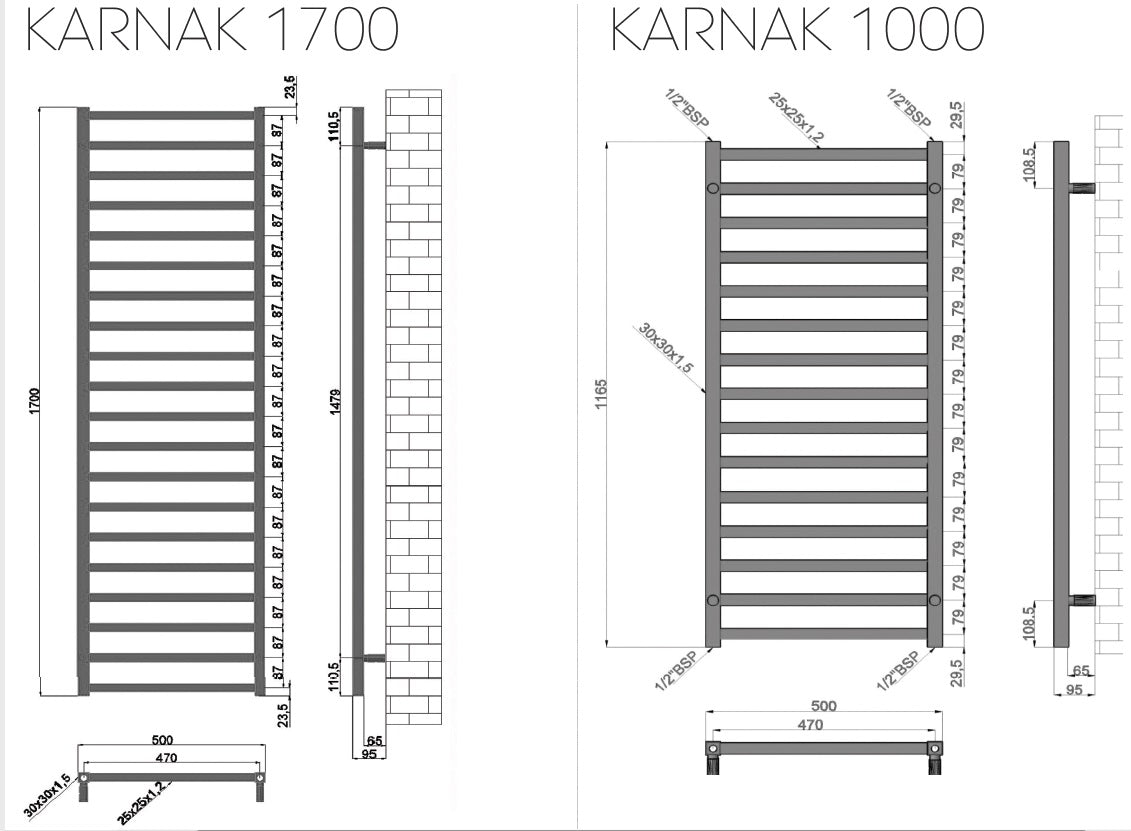 Черни лири Karnak - технически чертеж с размери 50x170 и 50x100 см за баня, 20/15 тръби, капацитет и мощност, онлайн магазин KERANOVA