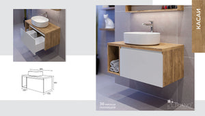 шкаф с мивка Касаи 90 от KERANOVA — окачен модерен комплект дървесен ефект и бял плот за баня